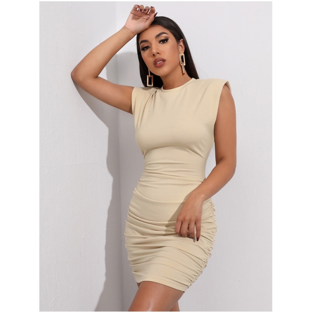 Shoulder Pad Beige Ruched Casual Mini Dress - Picture 4 of 12
